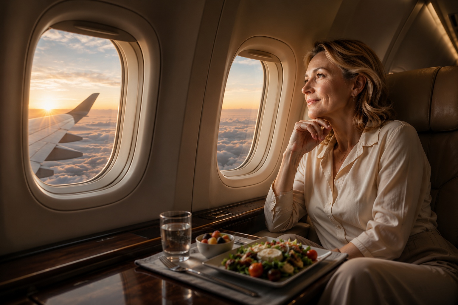 Luxury travel above the clouds at sunrise