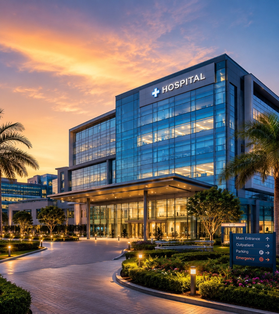 Luxury hospital exterior at sunset